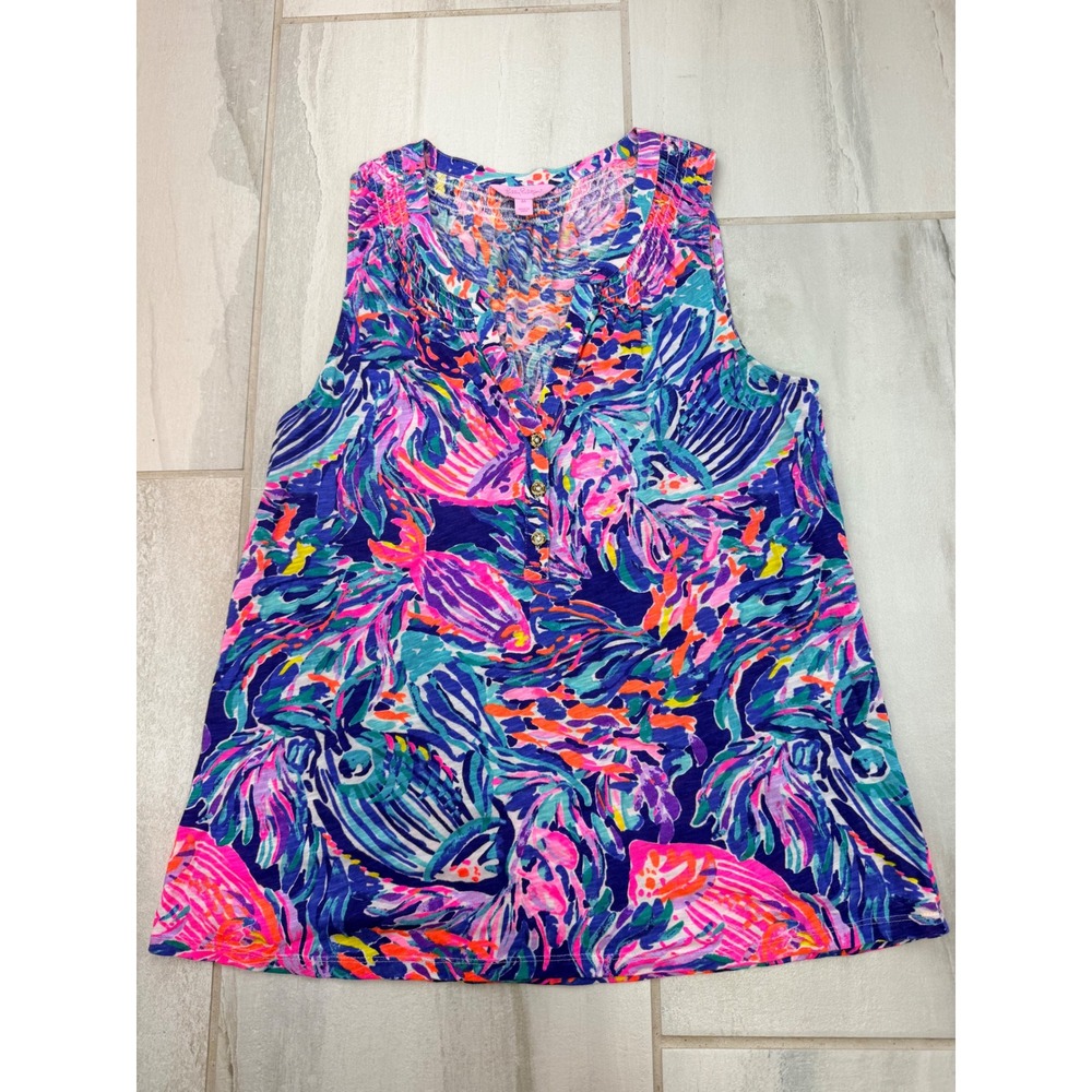 Lilly Pulitzer Scale Up Fish Print Sleeveless Cotton Henley Top Medium